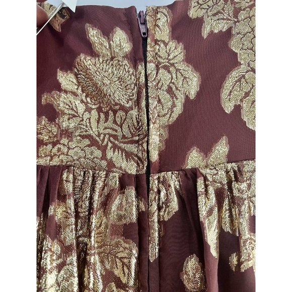 Dear Moon Formal Dress Sz 3 Burgundy‎ Metallic Gold Floral Print Maxi V-Neck - Picture 7 of 10